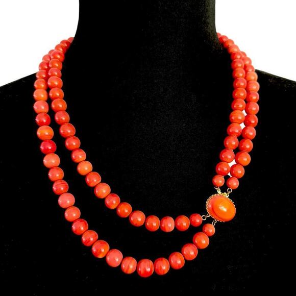 Alice Caviness Jewelry - Alice Caviness Coral Glass Bead Double Necklace 22.5" Signed Grandma Vintage
